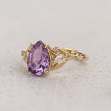 Lavender amethyst nature themed engagement ring, big pear cut gemstone gold ring with diamonds / Patricia
