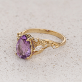 Lavender amethyst nature themed engagement ring, big pear cut gemstone gold ring with diamonds / Patricia