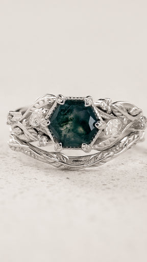 Leafy Bridal Set with Hexagon-Cut Green Moss Agate / Patricia - Eden Garden Jewelry™