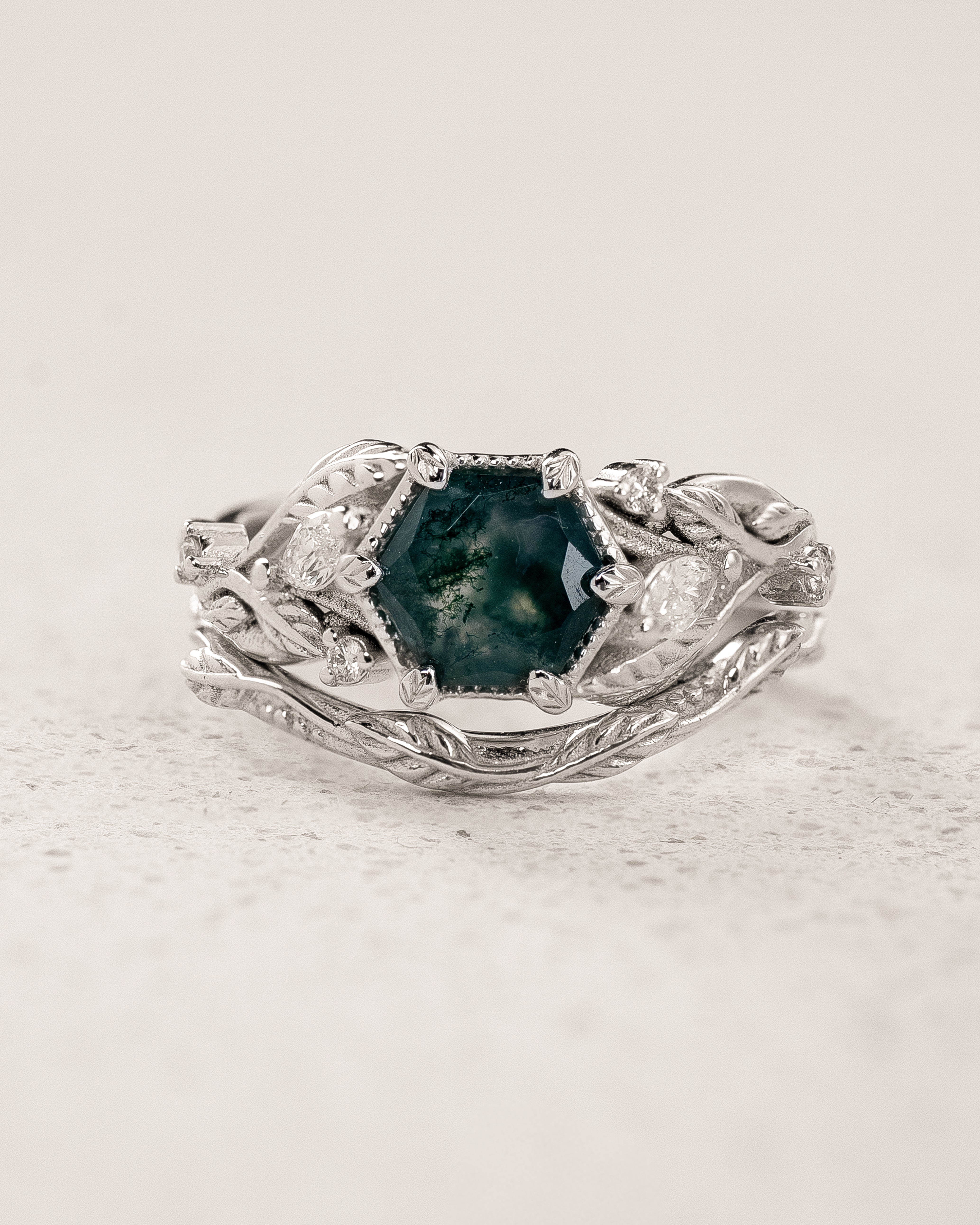 Leafy Bridal Set with Hexagon-Cut Green Moss Agate / Patricia - Eden Garden Jewelry™