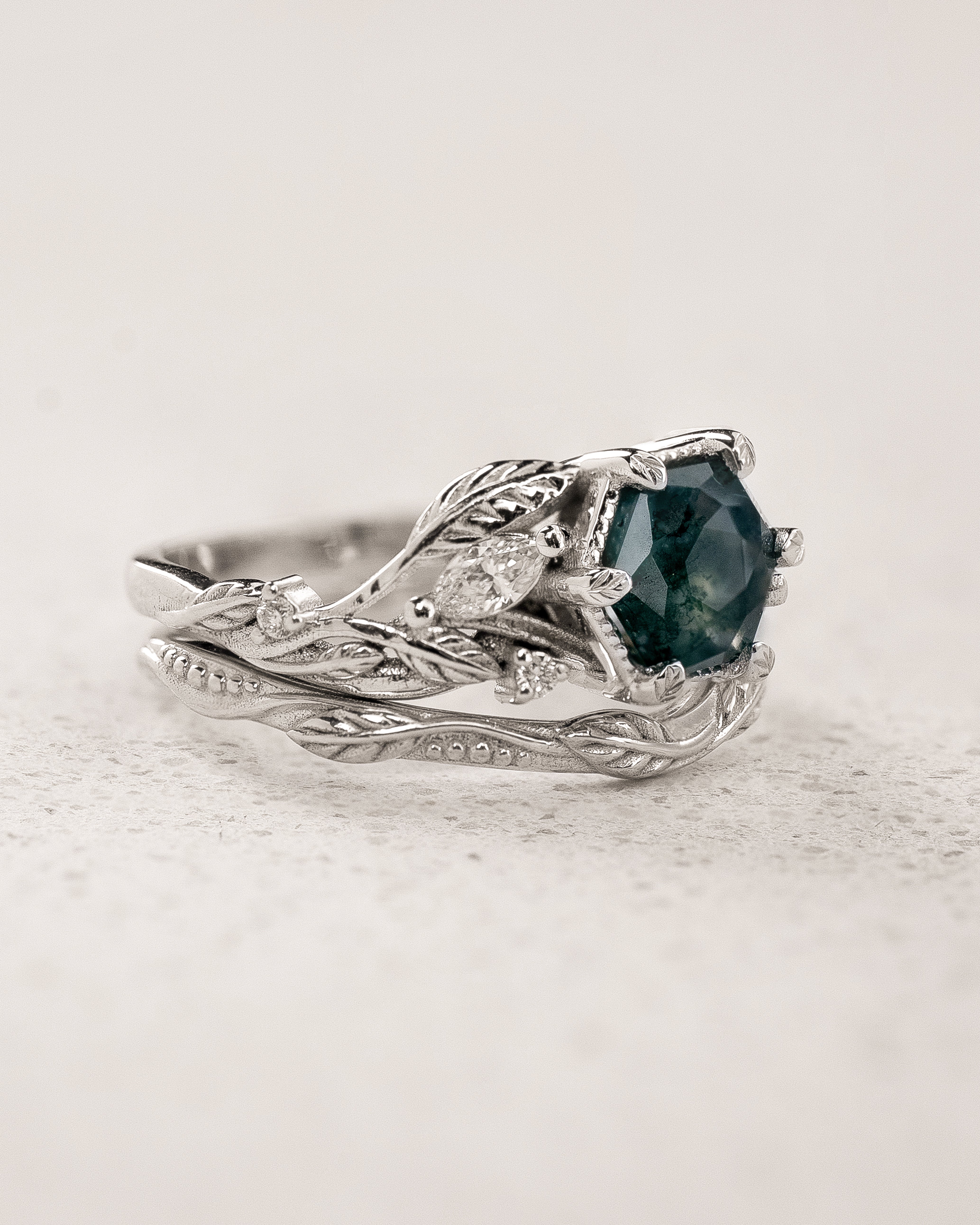 Leafy Bridal Set with Hexagon-Cut Green Moss Agate / Patricia - Eden Garden Jewelry™