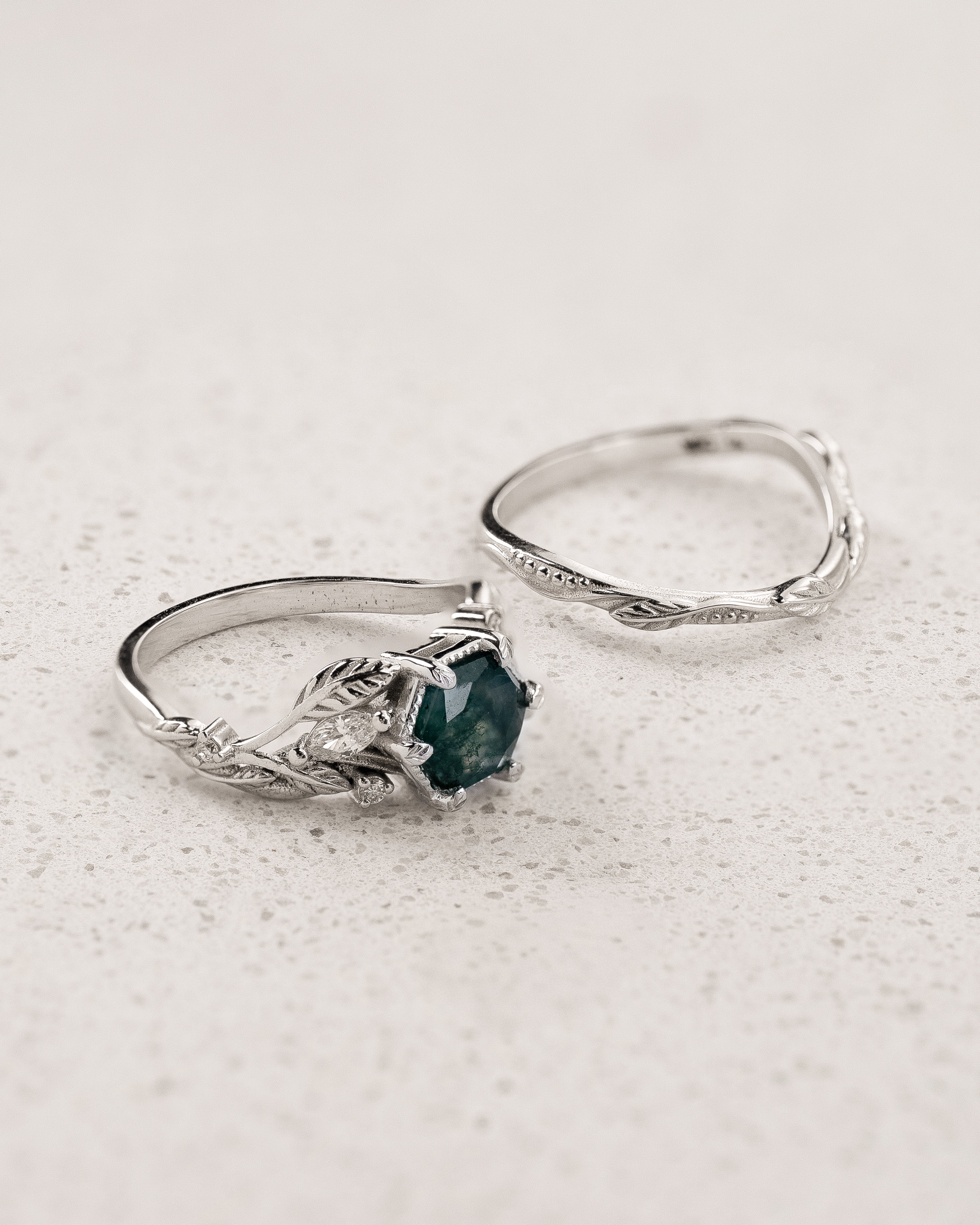 Leafy Bridal Set with Hexagon-Cut Green Moss Agate / Patricia - Eden Garden Jewelry™