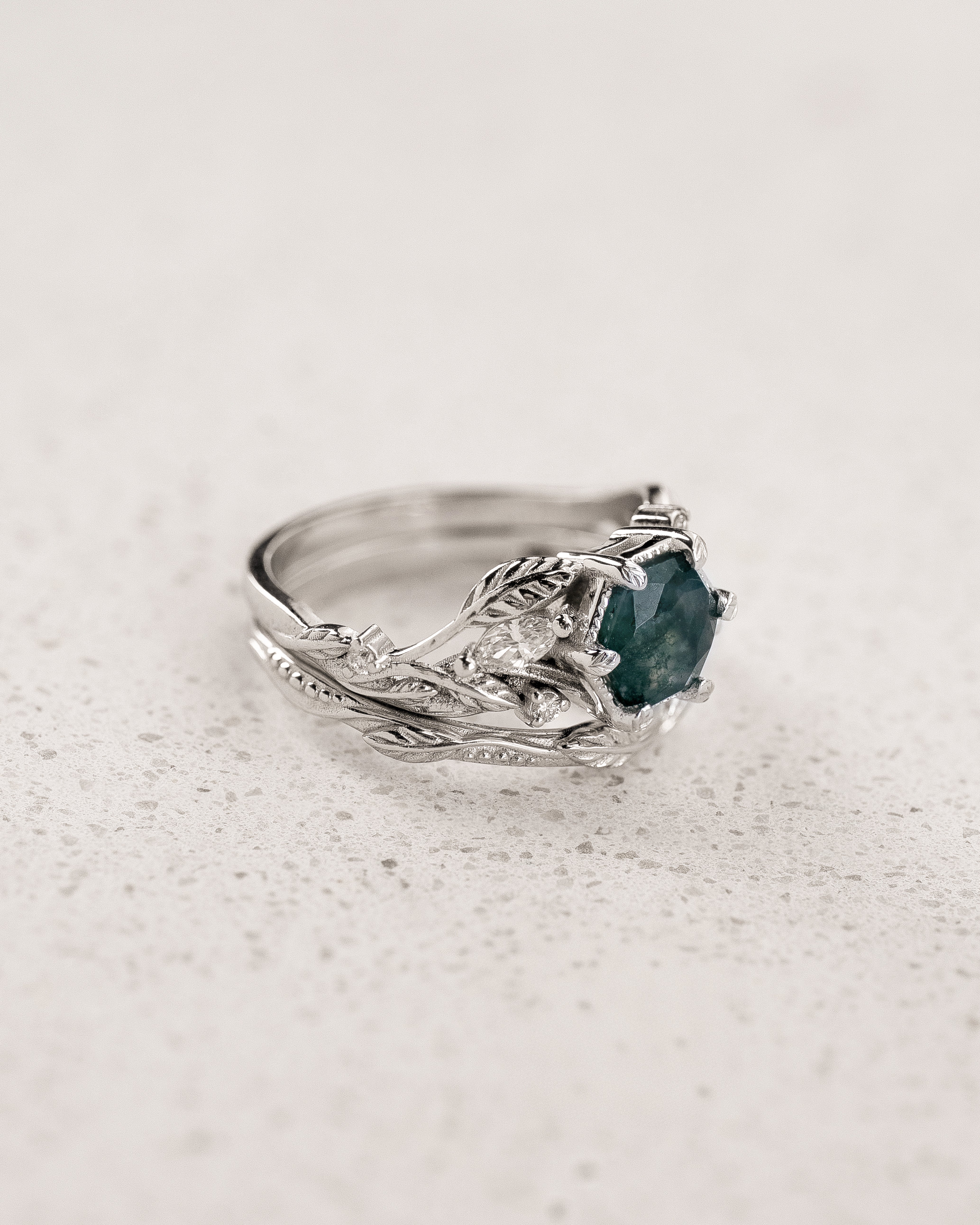 Leafy Bridal Set with Hexagon-Cut Green Moss Agate / Patricia - Eden Garden Jewelry™