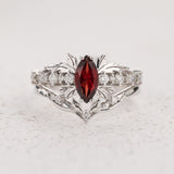 Leafy Bridal Set with Red Garnet Engagement Ring & Matching Band / Verbena