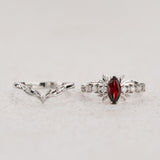 Leafy Bridal Set with Red Garnet Engagement Ring & Matching Band / Verbena