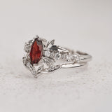 Leafy Bridal Set with Red Garnet Engagement Ring & Matching Band / Verbena