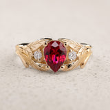 Leafy Engagement Ring with Pear-Cut Ruby & Diamonds / Wisteria - Eden Garden Jewelry™
