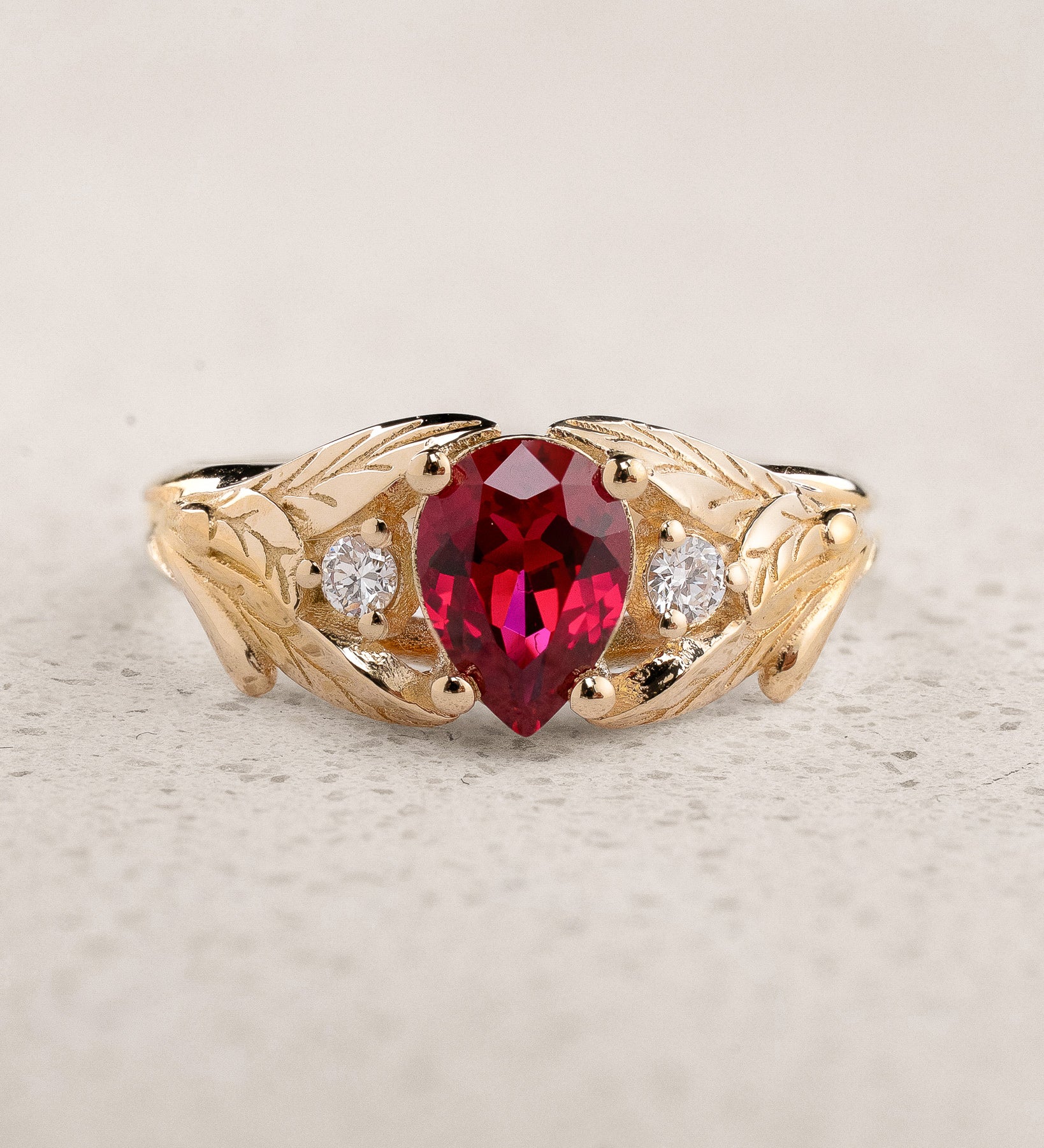 Leafy Engagement Ring with Pear-Cut Ruby & Diamonds / Wisteria - Eden Garden Jewelry™