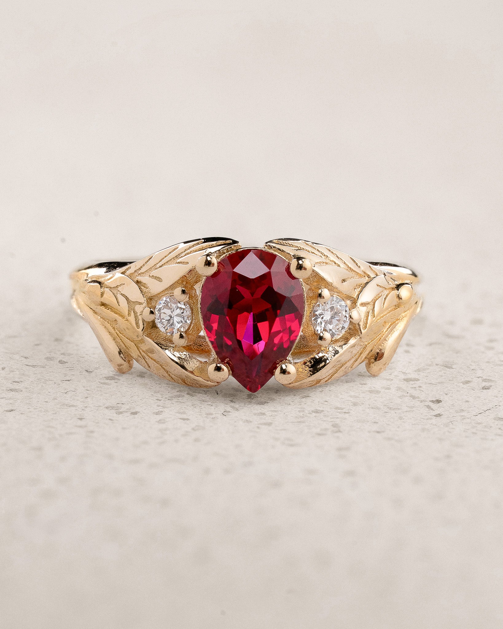 Leafy Engagement Ring with Pear-Cut Ruby & Diamonds / Wisteria - Eden Garden Jewelry™