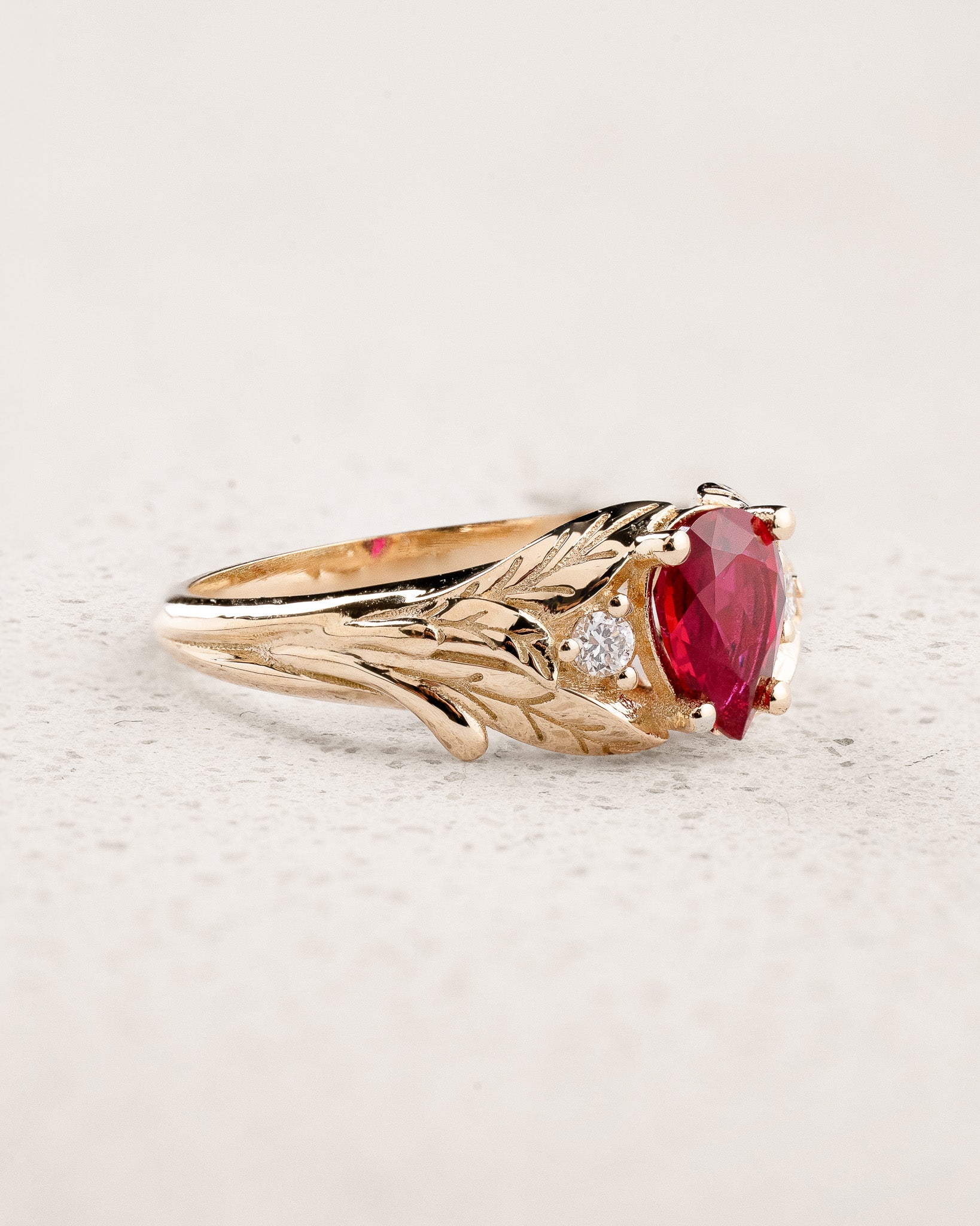 Leafy Engagement Ring with Pear-Cut Ruby & Diamonds / Wisteria - Eden Garden Jewelry™