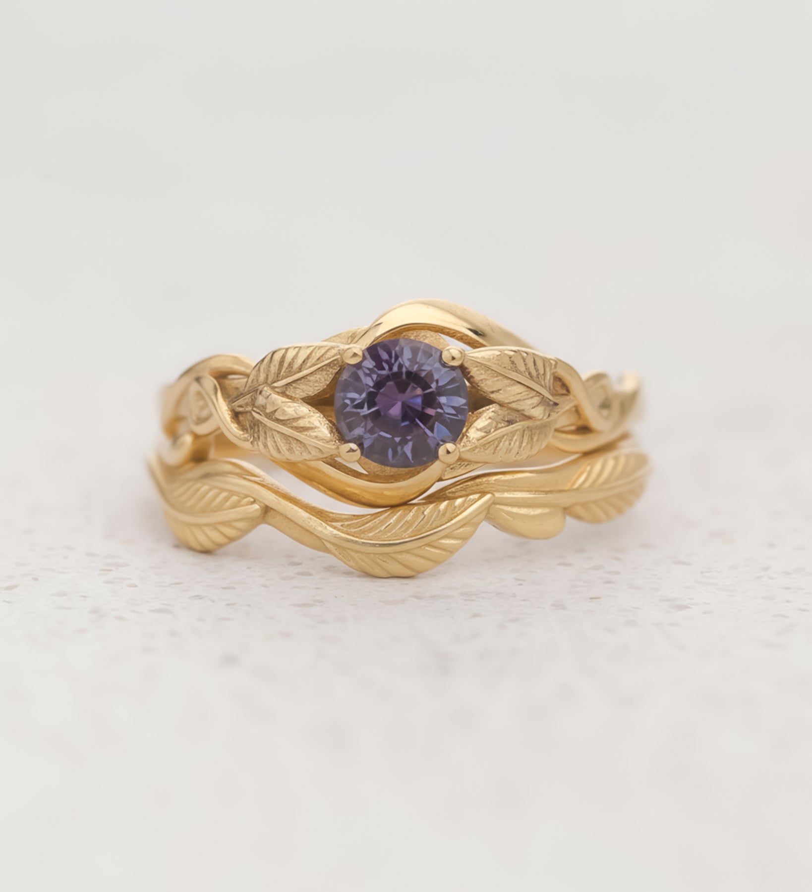 Leafy Bridal Set with Alexandrite Engagement Ring / Azalea - Eden Garden Jewelry™