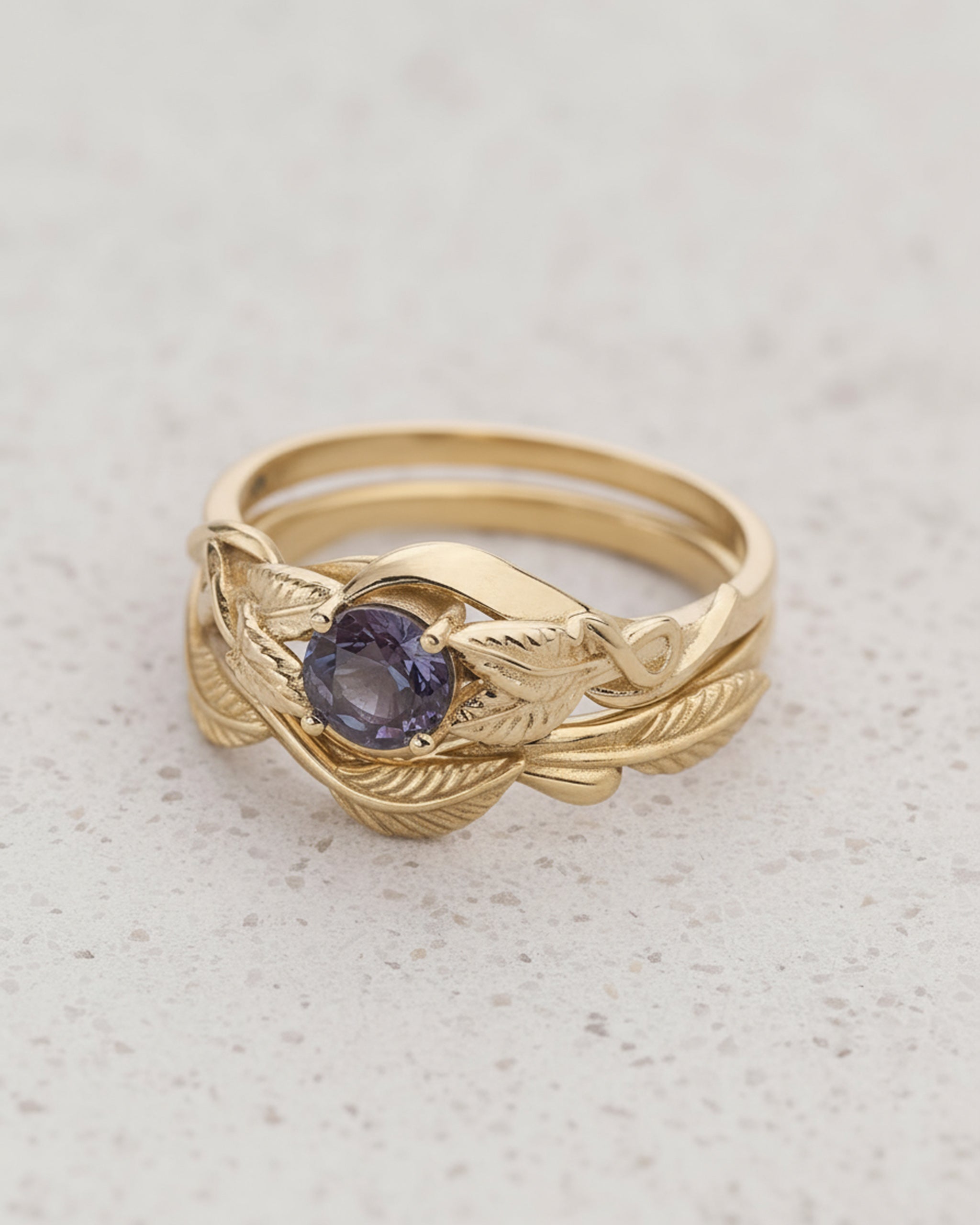 Leafy Bridal Set with Alexandrite Engagement Ring / Azalea - Eden Garden Jewelry™