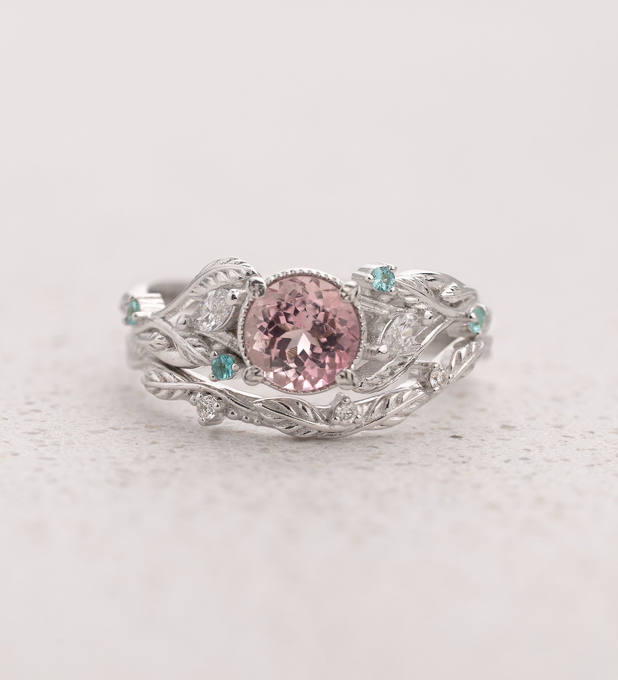 Leafy Bridal Set with Morganite & (Natural) Paraiba Tourmalines Ring / Patricia - Eden Garden Jewelry™
