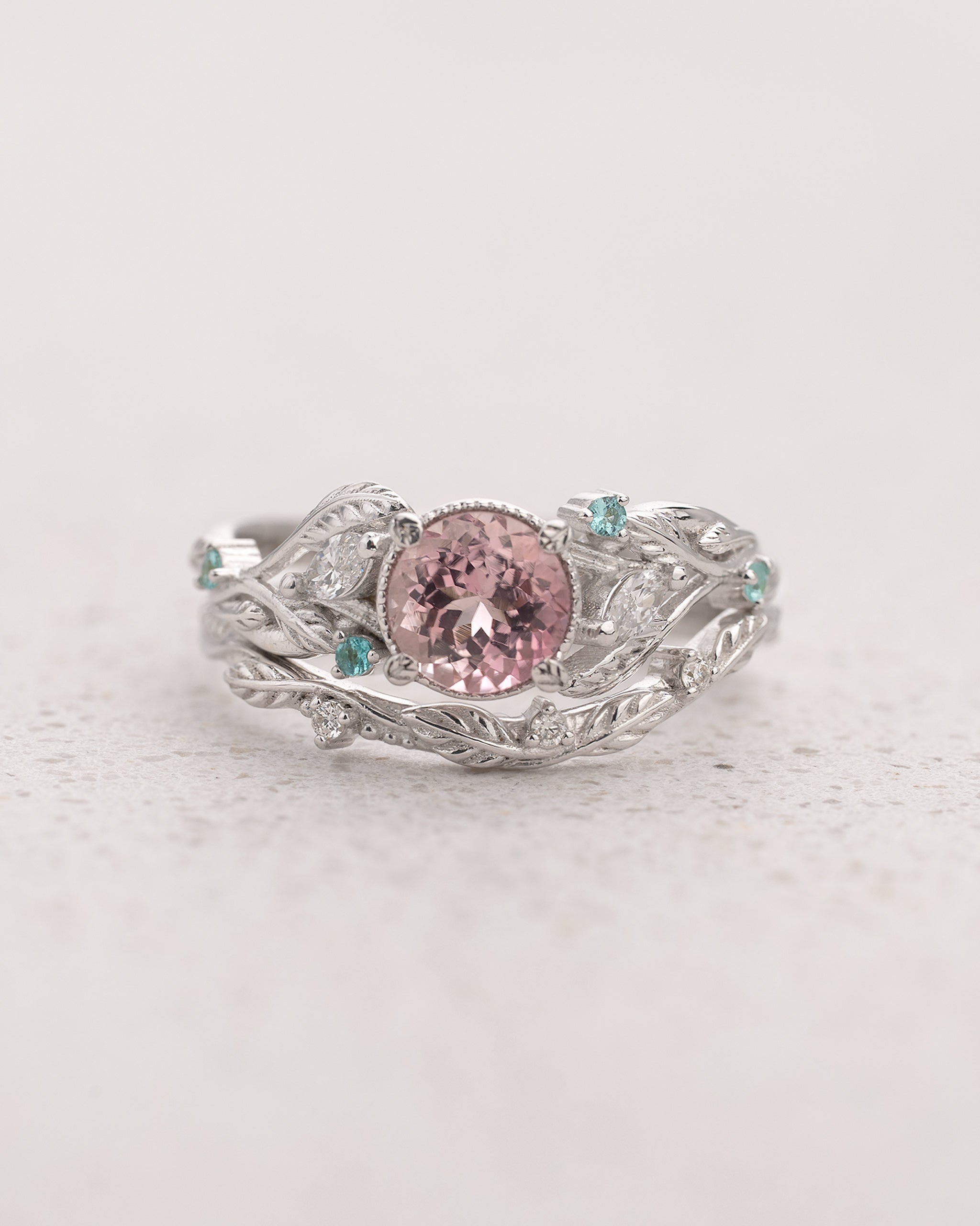 Leafy Bridal Set with Morganite & (Natural) Paraiba Tourmalines Ring / Patricia - Eden Garden Jewelry™