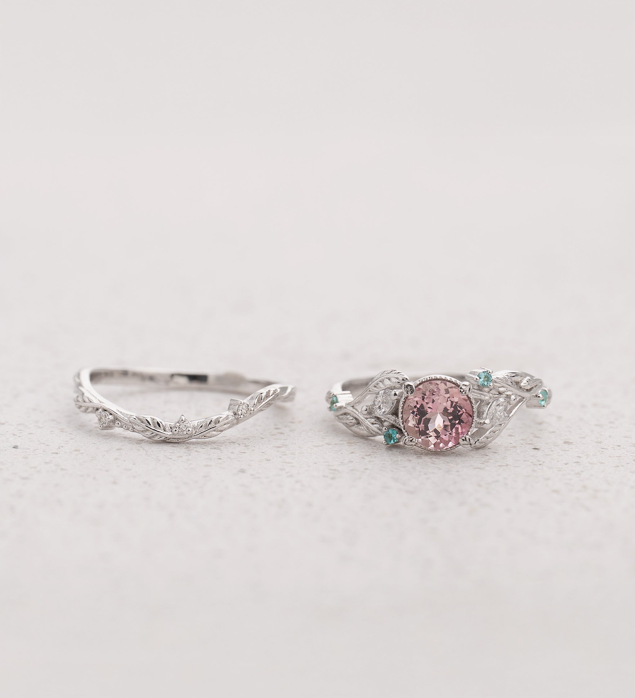 Leafy Bridal Set with Morganite & (Natural) Paraiba Tourmalines Ring / Patricia - Eden Garden Jewelry™