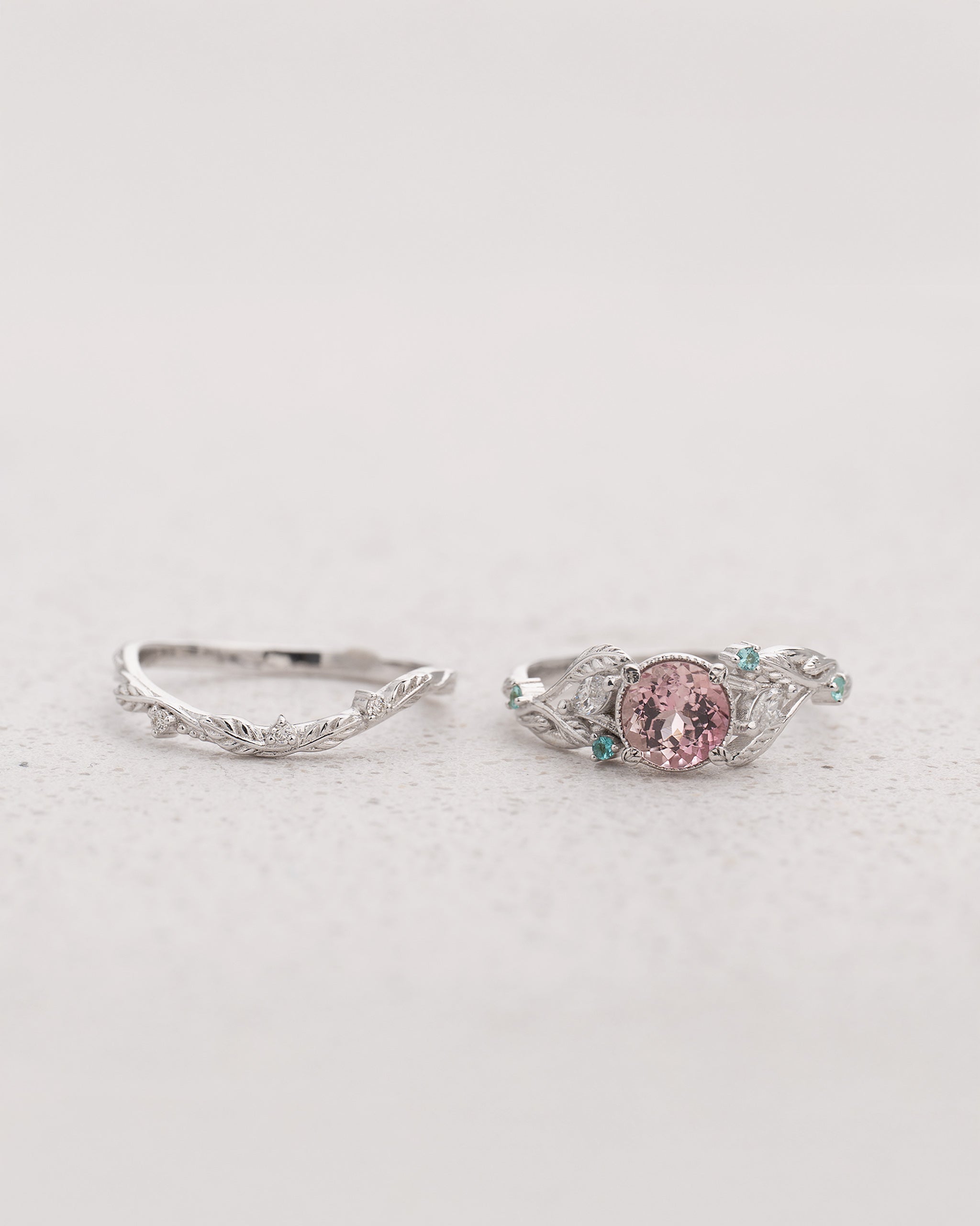 Leafy Bridal Set with Morganite & (Natural) Paraiba Tourmalines Ring / Patricia - Eden Garden Jewelry™