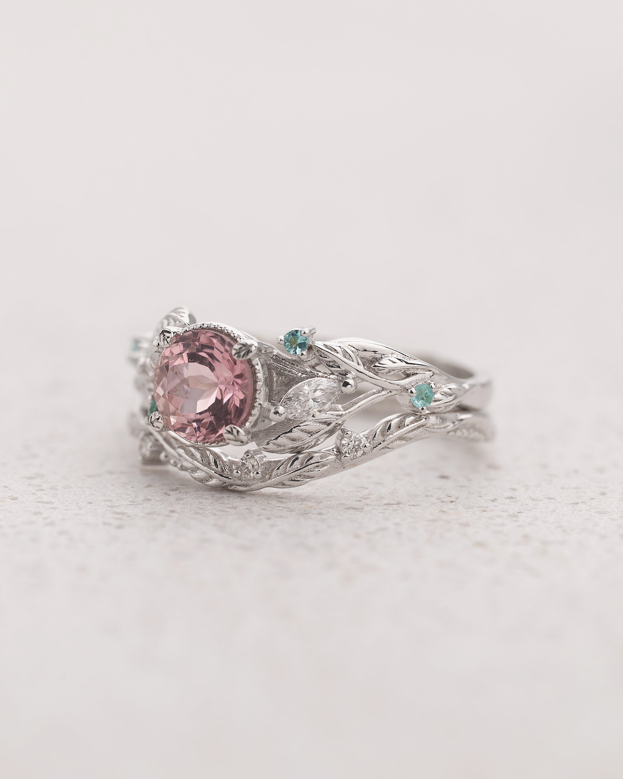 Leafy Bridal Set with Morganite & (Natural) Paraiba Tourmalines Ring / Patricia - Eden Garden Jewelry™