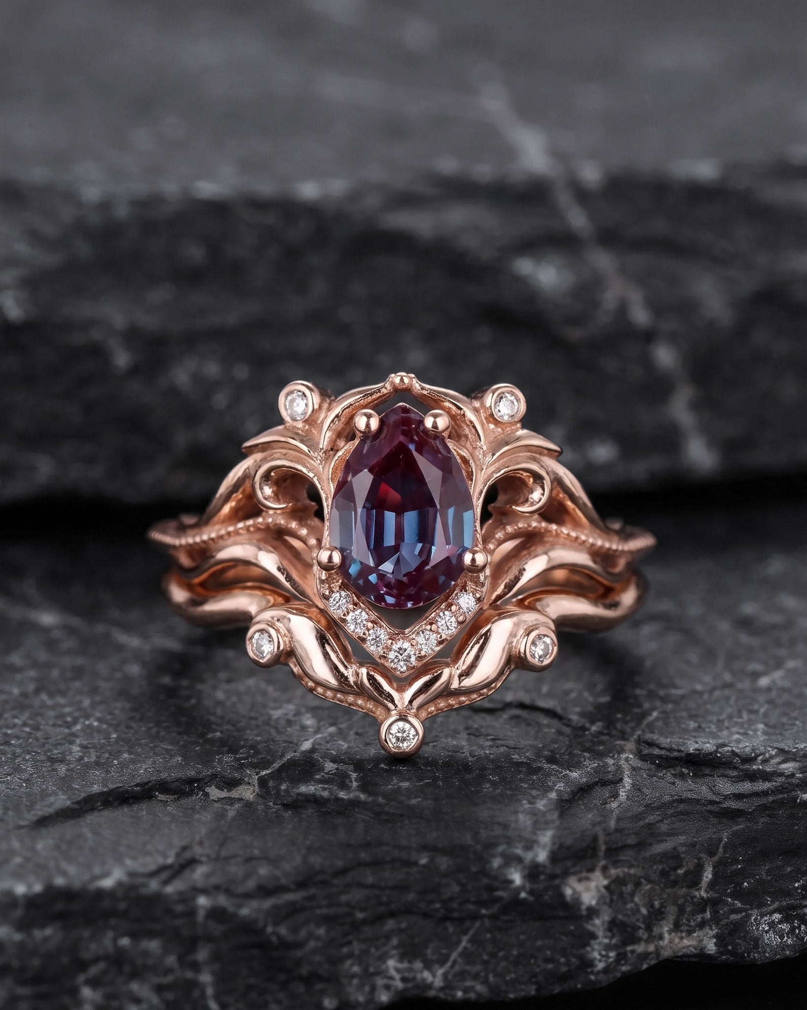 READY TO SHIP Lida small in 14K rose gold, 7x5 mm pear cut lab alexandrite, moissanites, RING SIZE 3.5 - 6.5 US - Eden Garden Jewelry™