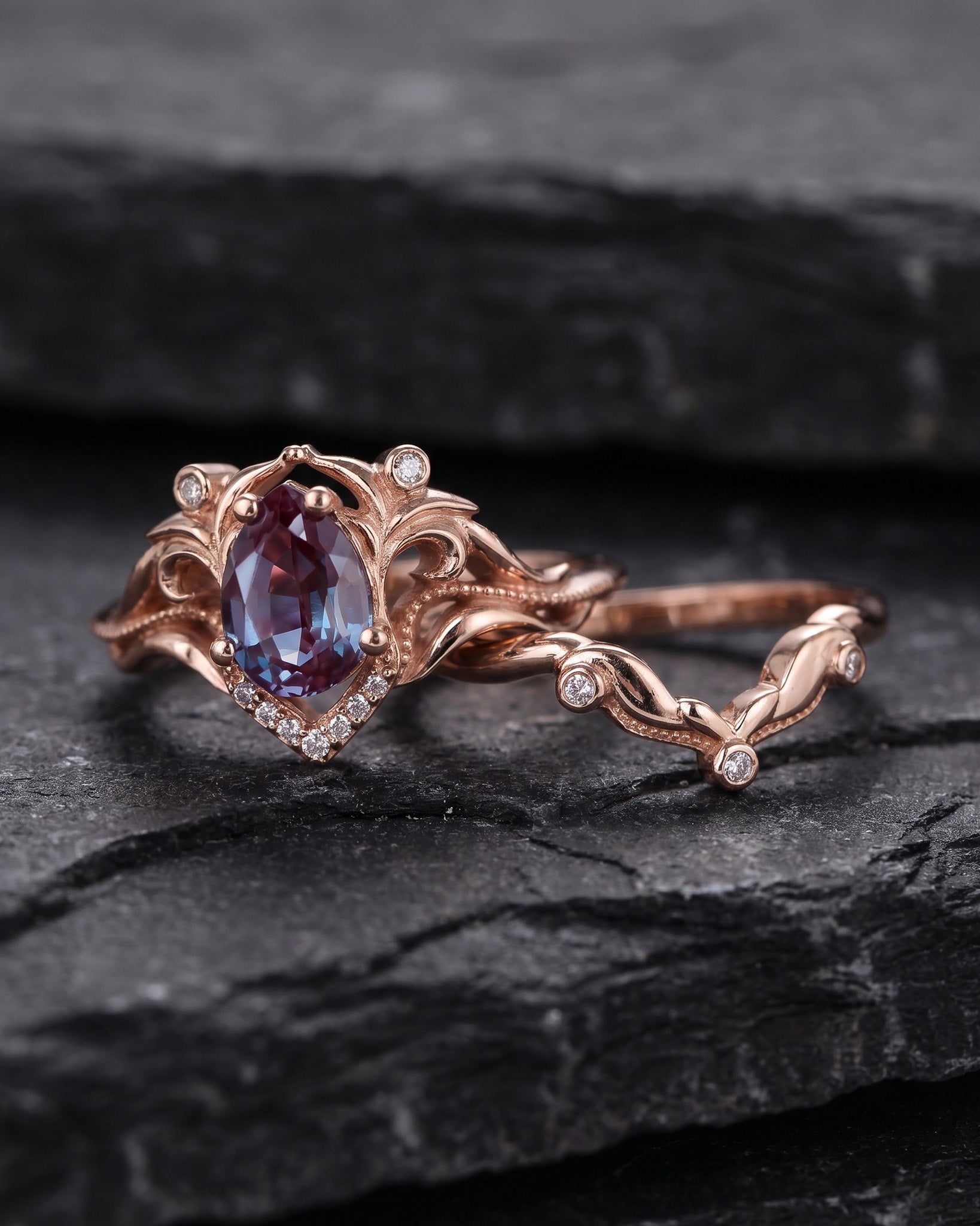 READY TO SHIP Lida small in 14K rose gold, 7x5 mm pear cut lab alexandrite, moissanites, RING SIZE 3.5 - 6.5 US - Eden Garden Jewelry™