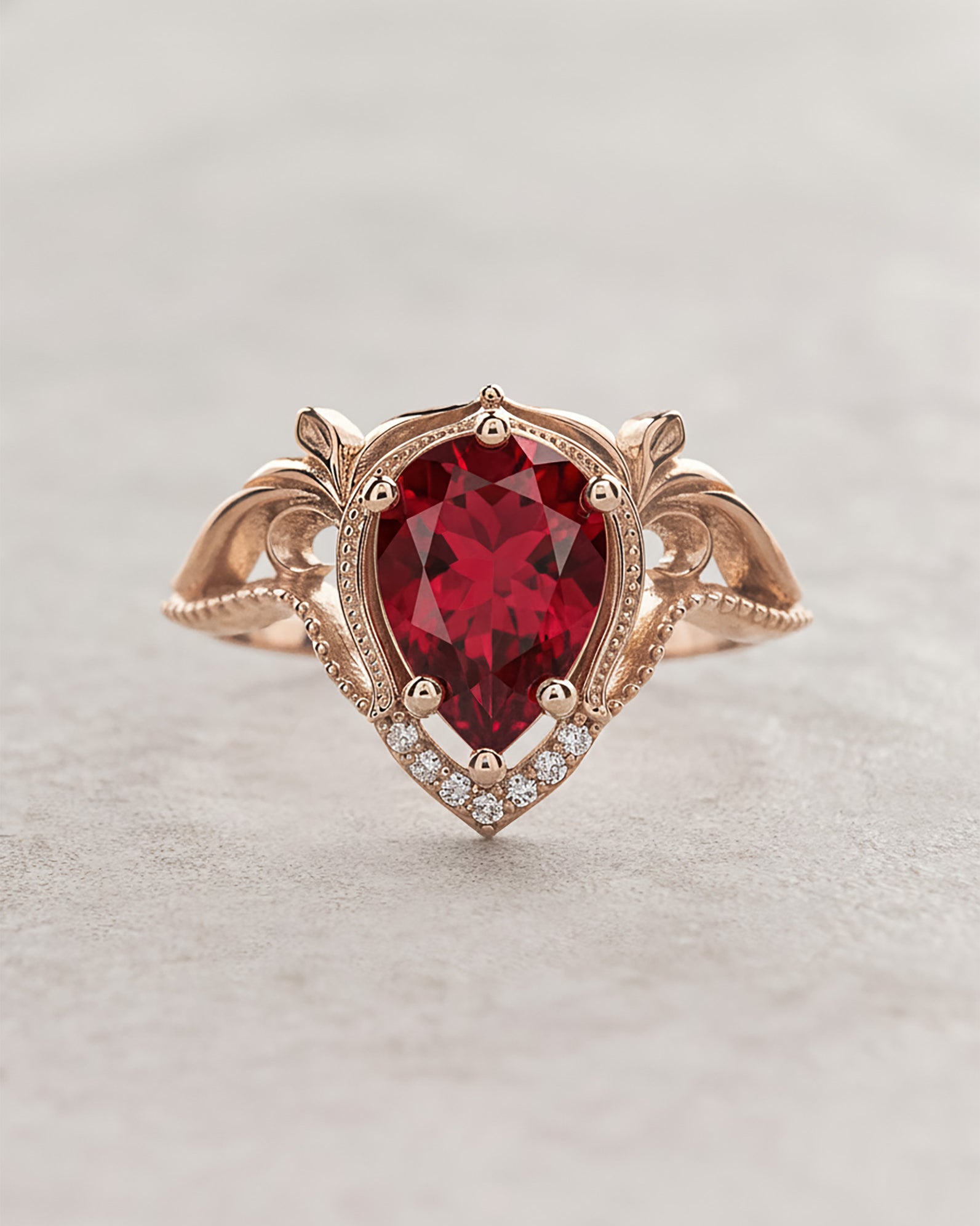 READY TO SHIP Lida ring in 14K rose gold, lab ruby pear cut 10x7mm, accent moissanites, AVAILABLE RING SIZES: 5.5 - 8.5 US - Eden Garden Jewelry™