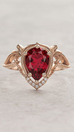 READY TO SHIP Lida ring in 14K rose gold, lab ruby pear cut 10x7mm, accent moissanites, AVAILABLE RING SIZES: 5.5 - 8.5 US - Eden Garden Jewelry™