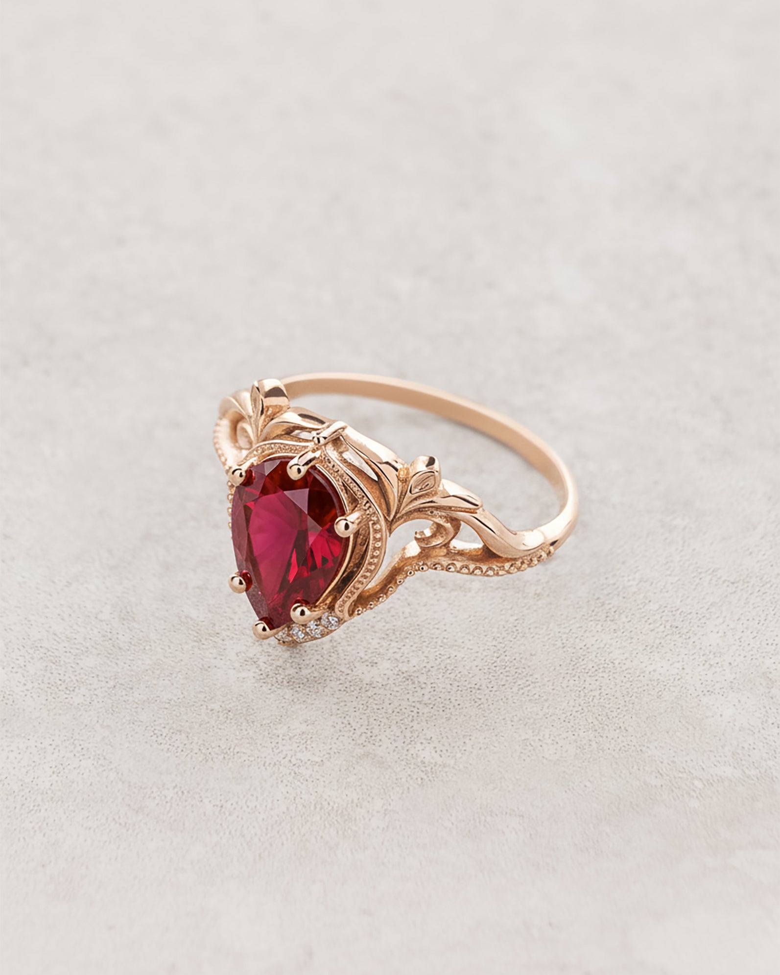 READY TO SHIP Lida ring in 14K rose gold, lab ruby pear cut 10x7mm, accent moissanites, AVAILABLE RING SIZES: 5.5 - 8.5 US - Eden Garden Jewelry™