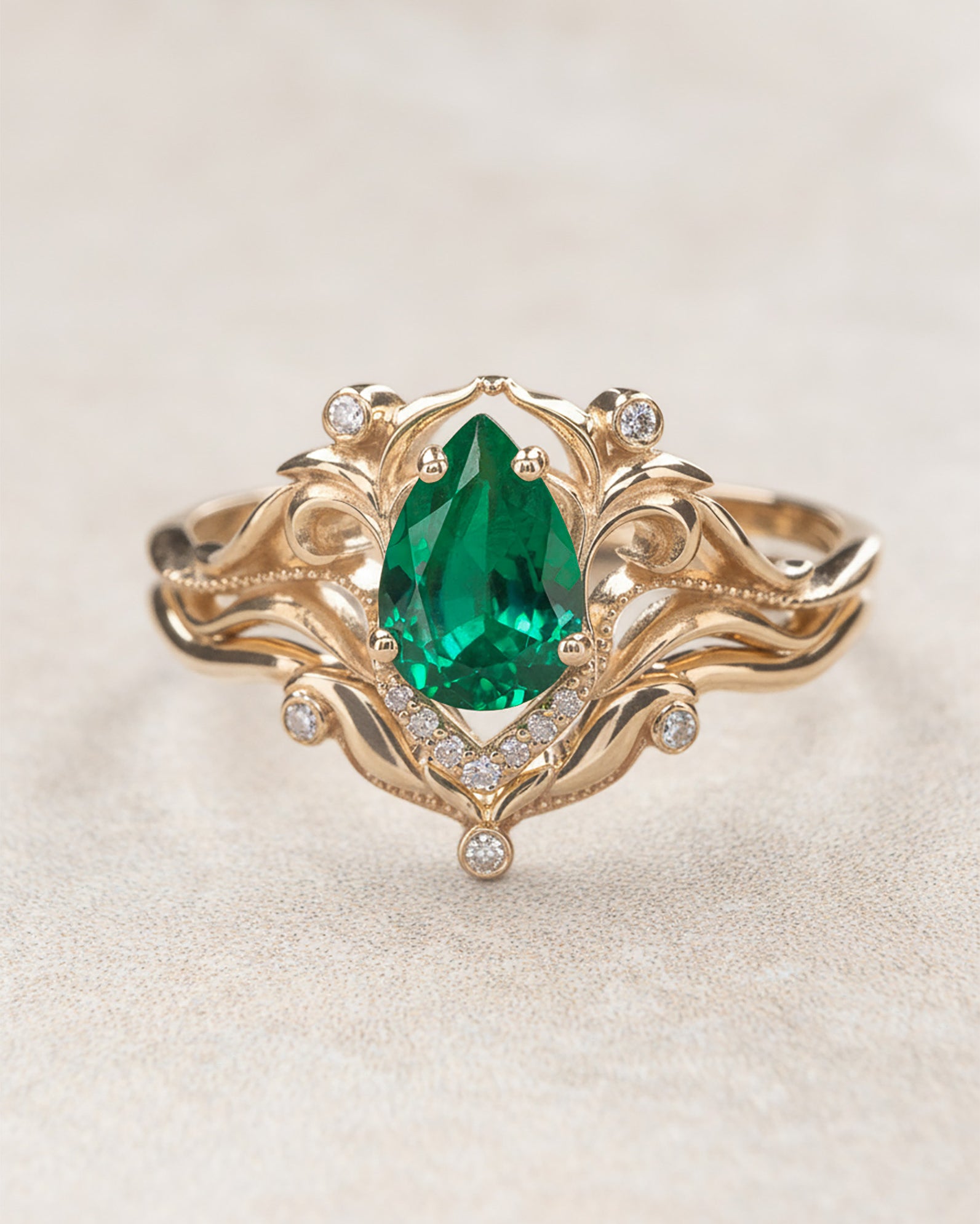 Art nouveau bridal ring set with lab emerald / Lida small - Eden Garden Jewelry™