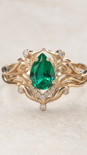 Art nouveau bridal ring set with lab emerald / Lida small - Eden Garden Jewelry™
