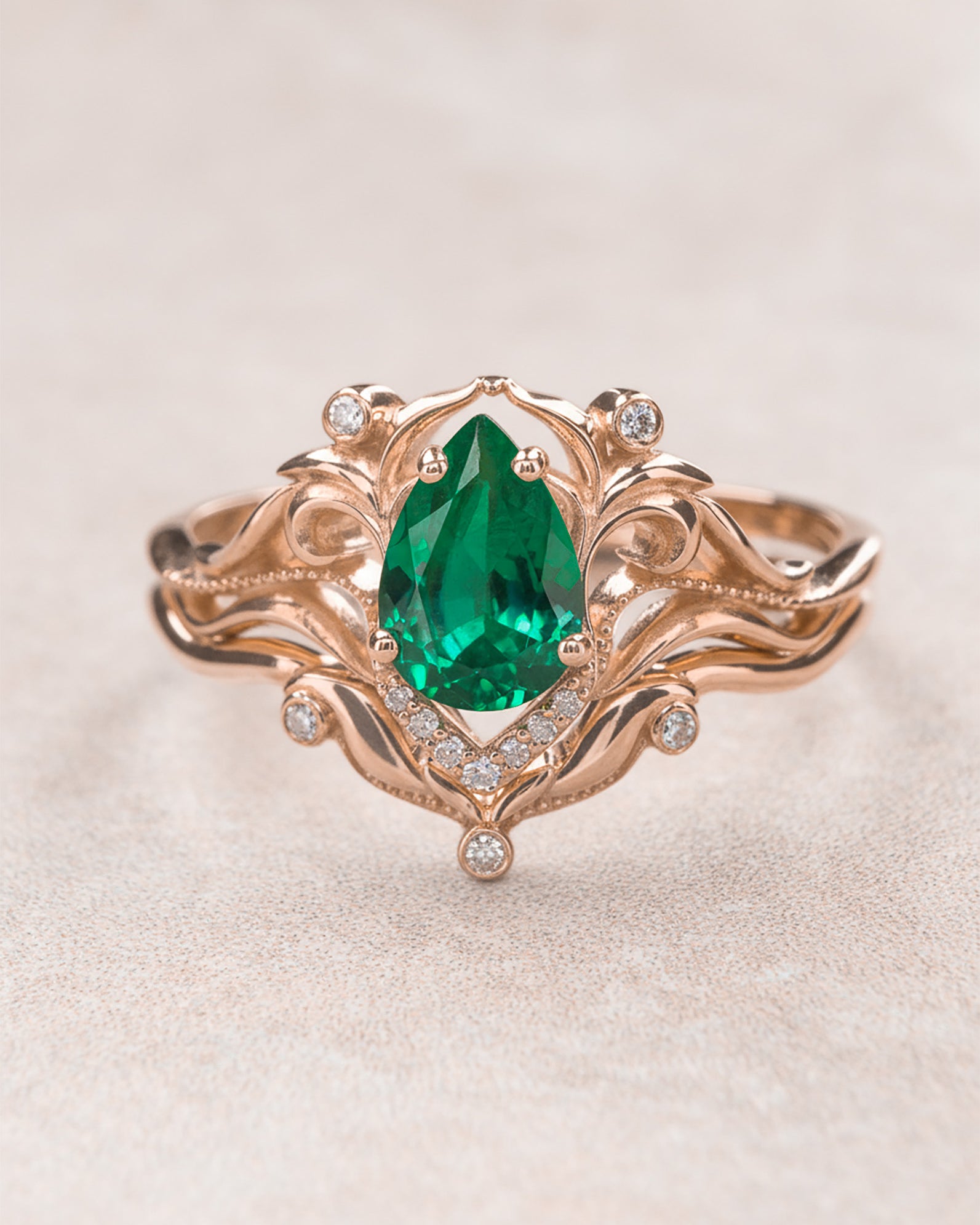 Lab emerald engagement ring, diamond wedding band set / Lida small - Eden Garden Jewelry™
