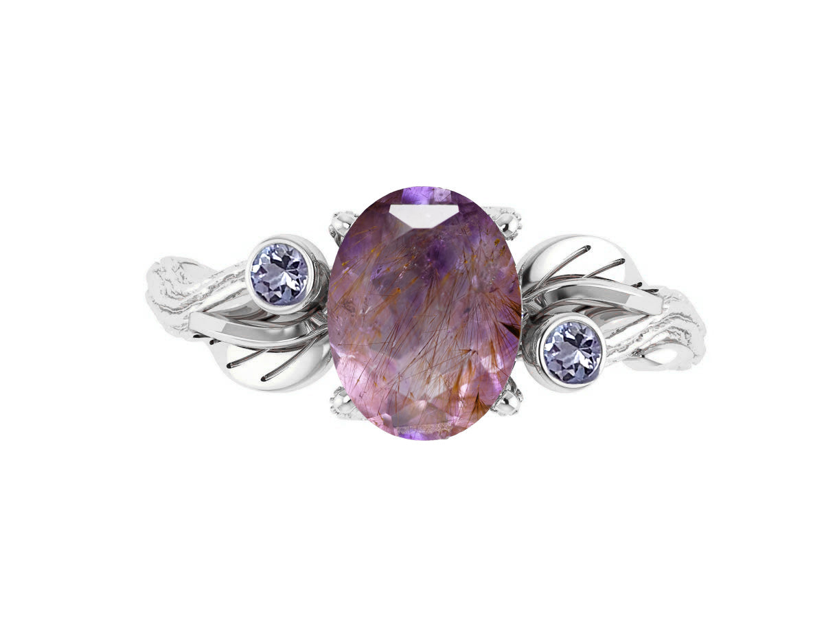 Custom order/ MODIFICATION: Arius engagement ring with central melody quartz and accent lavender tanzanites - Eden Garden Jewelry™