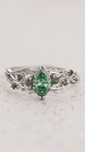 READY TO SHIP Japanese Maple ring with marquise-cut green diamond and accent green sapphires, 14K white gold, AVAILABLE RING SIZES: 5.5 - 8.5 US - Eden Garden Jewelry™