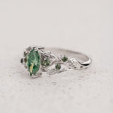 READY TO SHIP: Japanese Maple ring with marquise-cut green diamond and accent green sapphires, 14K white gold, AVAILABLE RING SIZES: 5.5 - 8.5 US