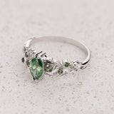 READY TO SHIP: Japanese Maple ring with marquise-cut green diamond and accent green sapphires, 14K white gold, AVAILABLE RING SIZES: 5.5 - 8.5 US