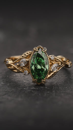 READY TO SHIP Patricia ring with marquise-cut green lab-grown diamond, 14K yellow gold, AVAILABLE RING SIZES: 5.5 - 8.5 US - Eden Garden Jewelry™