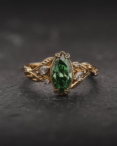 READY TO SHIP Patricia ring with marquise-cut green lab-grown diamond, 14K yellow gold, AVAILABLE RING SIZES: 5.5 - 8.5 US - Eden Garden Jewelry™