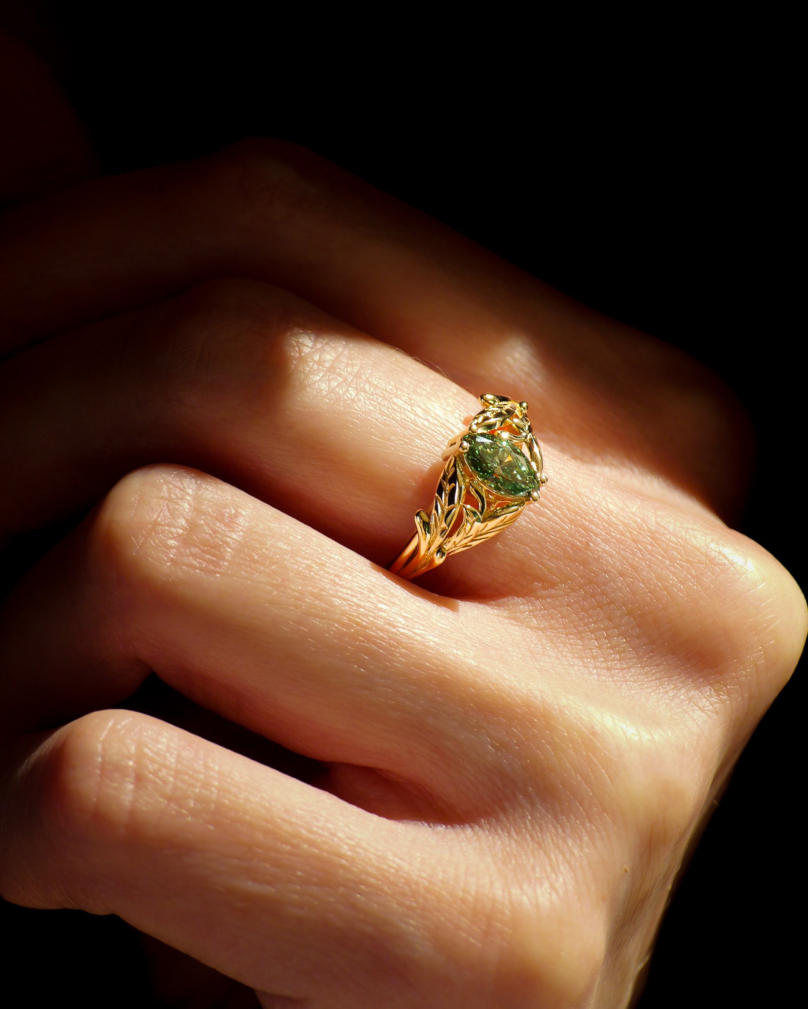 READY TO SHIP Wisteria ring with green lab-grown diamond, 14K yellow gold, AVAILABLE RING SIZES: 5.5 - 8.5 US - Eden Garden Jewelry™