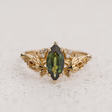 READY TO SHIP: Vineyard ring with marquise-cut natural green sapphire, 14K yellow gold, AVAILABLE RING SIZES: 5.5 - 8.5 US