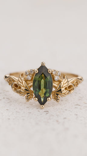 READY TO SHIP Vineyard ring with marquise-cut natural green sapphire, 14K yellow gold, AVAILABLE RING SIZES: 5.5 - 8.5 US - Eden Garden Jewelry™