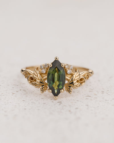 READY TO SHIP Vineyard ring with marquise-cut natural green sapphire, 14K yellow gold, AVAILABLE RING SIZES: 5.5 - 8.5 US - Eden Garden Jewelry™