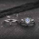 READY TO SHIP: Swanlake bridal ring set with moonstone and accent salt & pepper diamonds and alexandrites, 14K white gold, AVAILABLE RING SIZES: 4.5 - 7.5 US