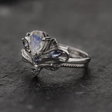 READY TO SHIP: Swanlake bridal ring set with moonstone and accent salt & pepper diamonds and alexandrites, 14K white gold, AVAILABLE RING SIZES: 4.5 - 7.5 US