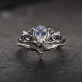 READY TO SHIP: Swanlake bridal ring set with moonstone and accent salt & pepper diamonds and alexandrites, 14K white gold, AVAILABLE RING SIZES: 4.5 - 7.5 US