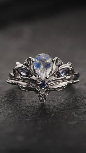READY TO SHIP Swanlake bridal ring set with moonstone and accent salt & pepper diamonds and alexandrites, 14K white gold, AVAILABLE RING SIZES: 4.5 - 7.5 US - Eden Garden Jewelry™