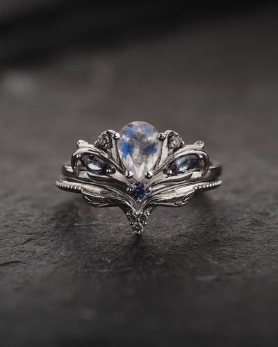 READY TO SHIP Swanlake bridal ring set with moonstone and accent salt & pepper diamonds and alexandrites, 14K white gold, AVAILABLE RING SIZES: 4.5 - 7.5 US - Eden Garden Jewelry™