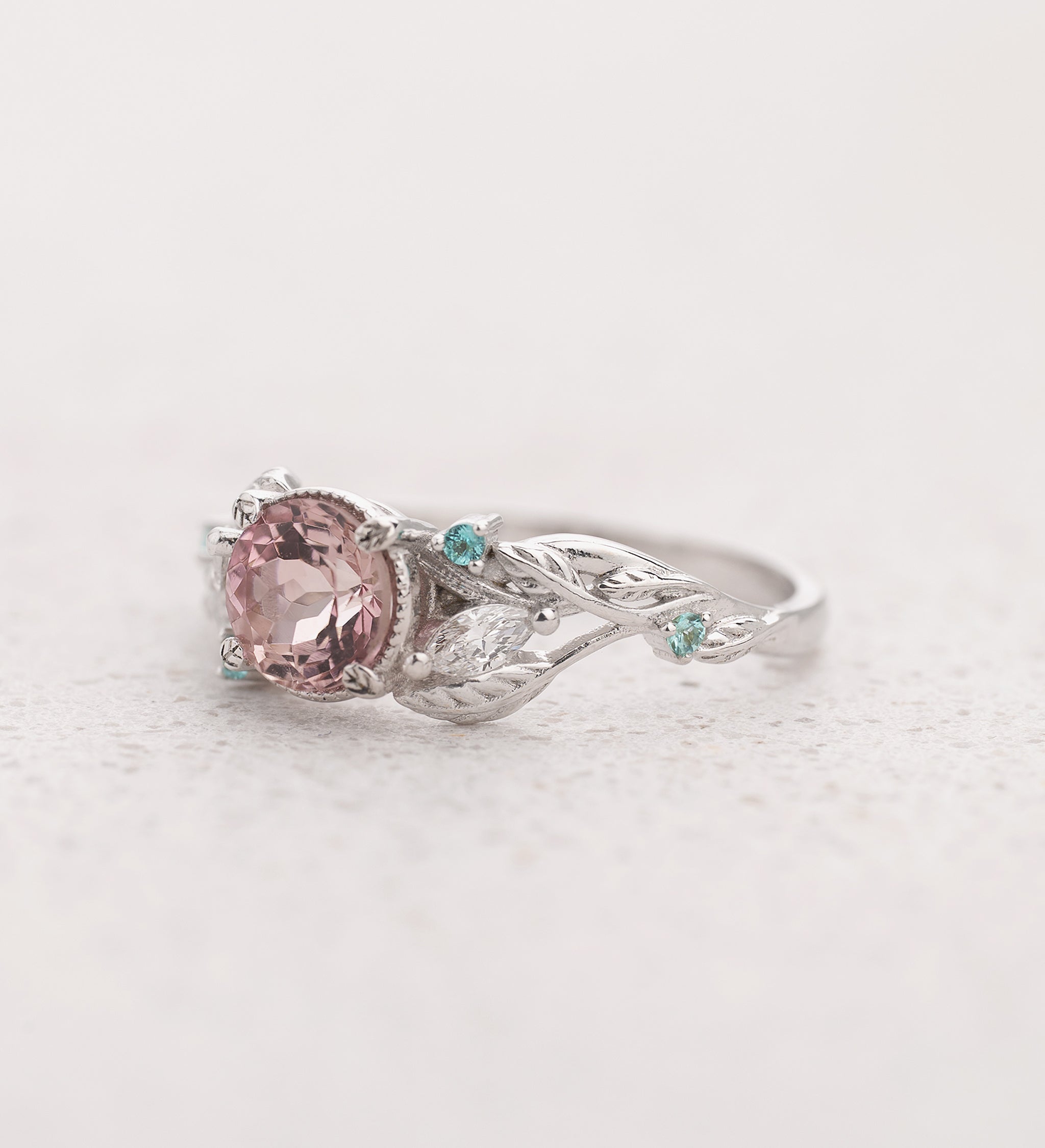 Leafy Bridal Set with Morganite & (Natural) Paraiba Tourmalines Ring / Patricia - Eden Garden Jewelry™
