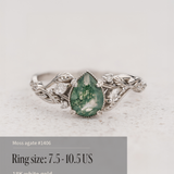 READY TO SHIP: Patricia ring in 14K white gold, natural moss agate pear cut 8x6 mm, accent lab grown diamonds, AVAILABLE RING SIZES: 4.5 - 9.5 US