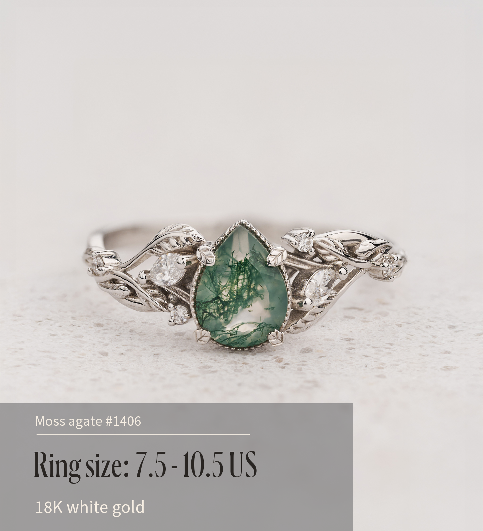 READY TO SHIP: Patricia ring in 14K white gold, natural moss agate pear cut 8x6 mm, accent lab grown diamonds, AVAILABLE RING SIZES: 4.5 - 9.5 US