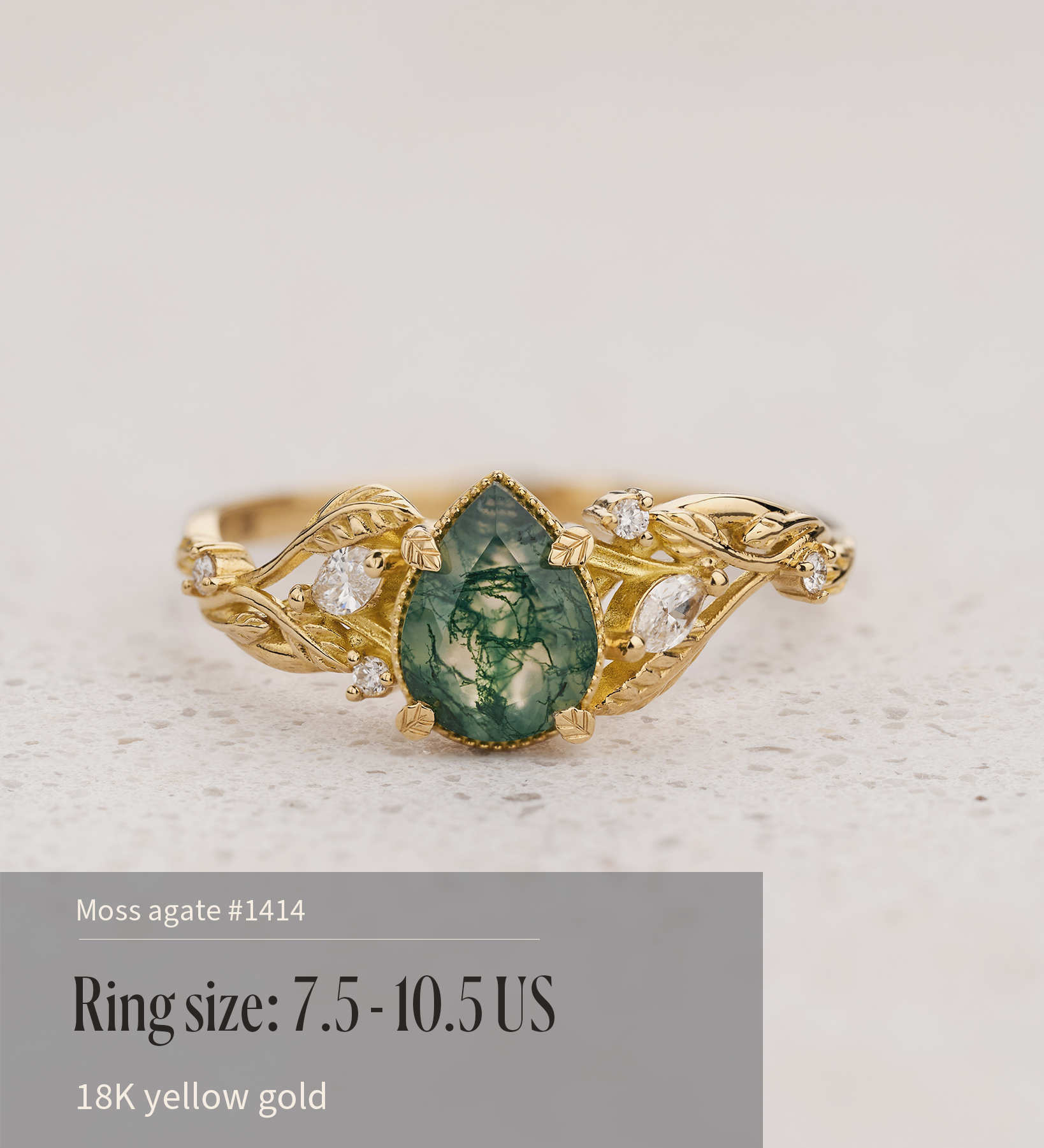 READY TO SHIP: Patricia ring in 14K or 18K yellow gold, natural moss agate pear cut 8x6 mm, accent lab grown diamonds, AVAILABLE RING SIZES: 5.5 - 10.5 US