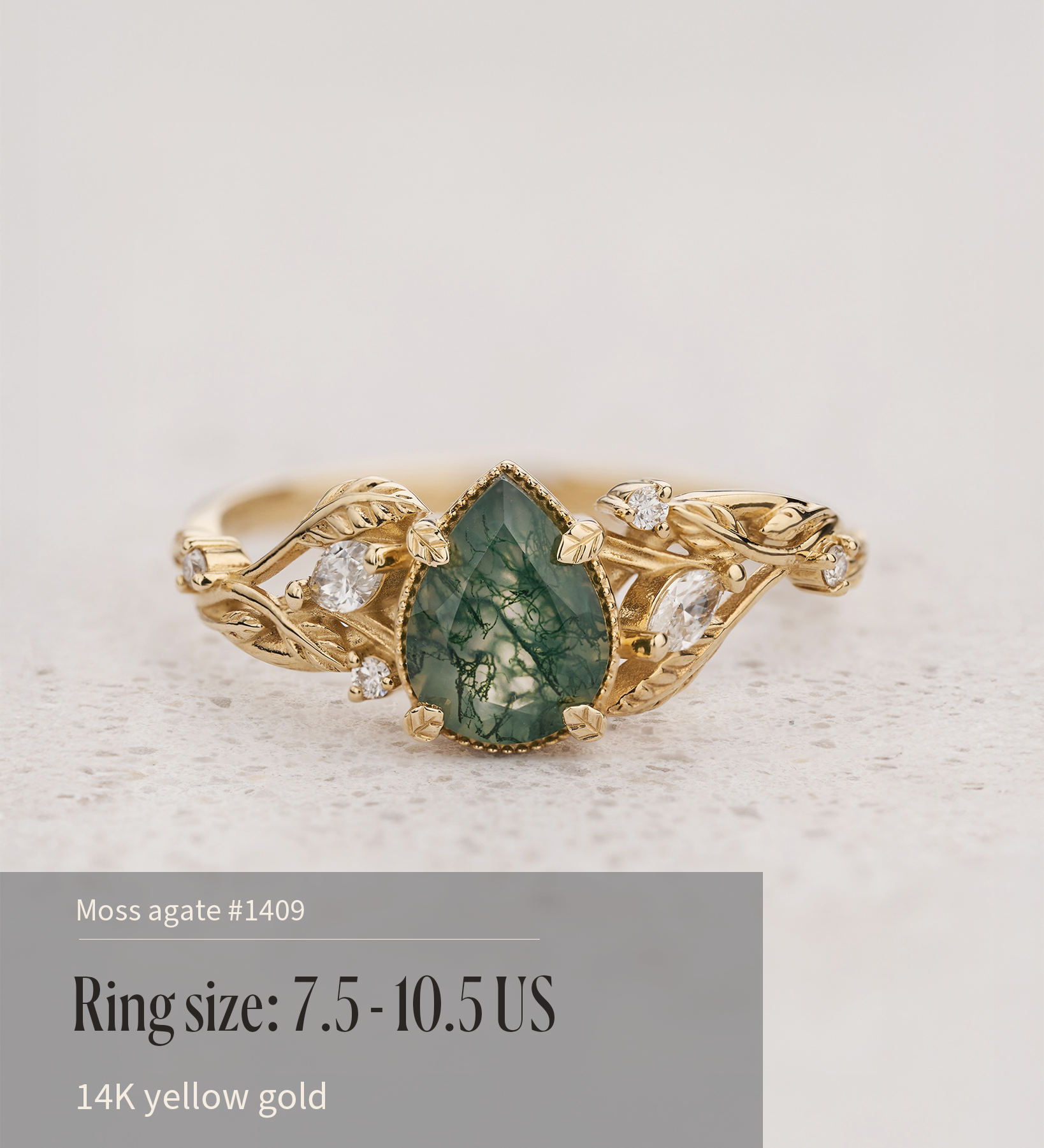 READY TO SHIP: Patricia ring in 14K or 18K yellow gold, natural moss agate pear cut 8x6 mm, accent lab grown diamonds, AVAILABLE RING SIZES: 5.5 - 10.5 US