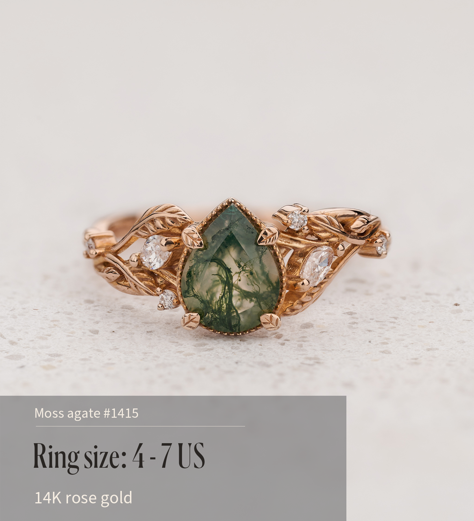 READY TO SHIP: Patricia ring in 14K or 18K rose gold, natural moss agate pear cut 8x6 mm, accent lab grown diamonds, AVAILABLE RING SIZES: 4.5 - 9.5 US